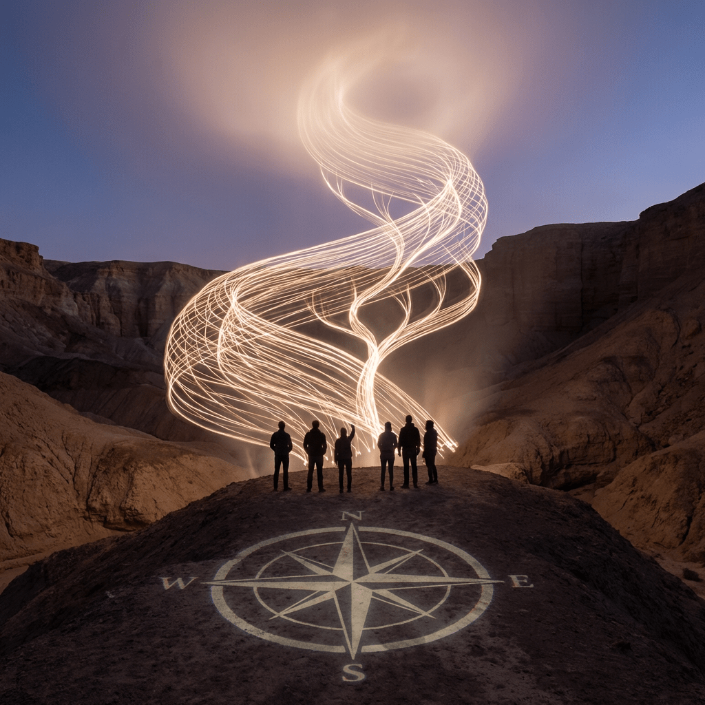 Six people standing on a desert hill beneath a massive, glowing, swirling light painting.