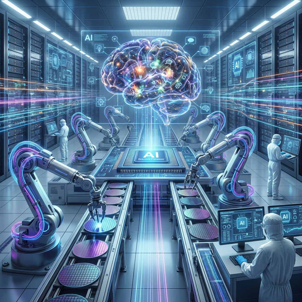 Robotic arms manufacturing AI Quantum Processors in a futuristic high-tech server room facility.