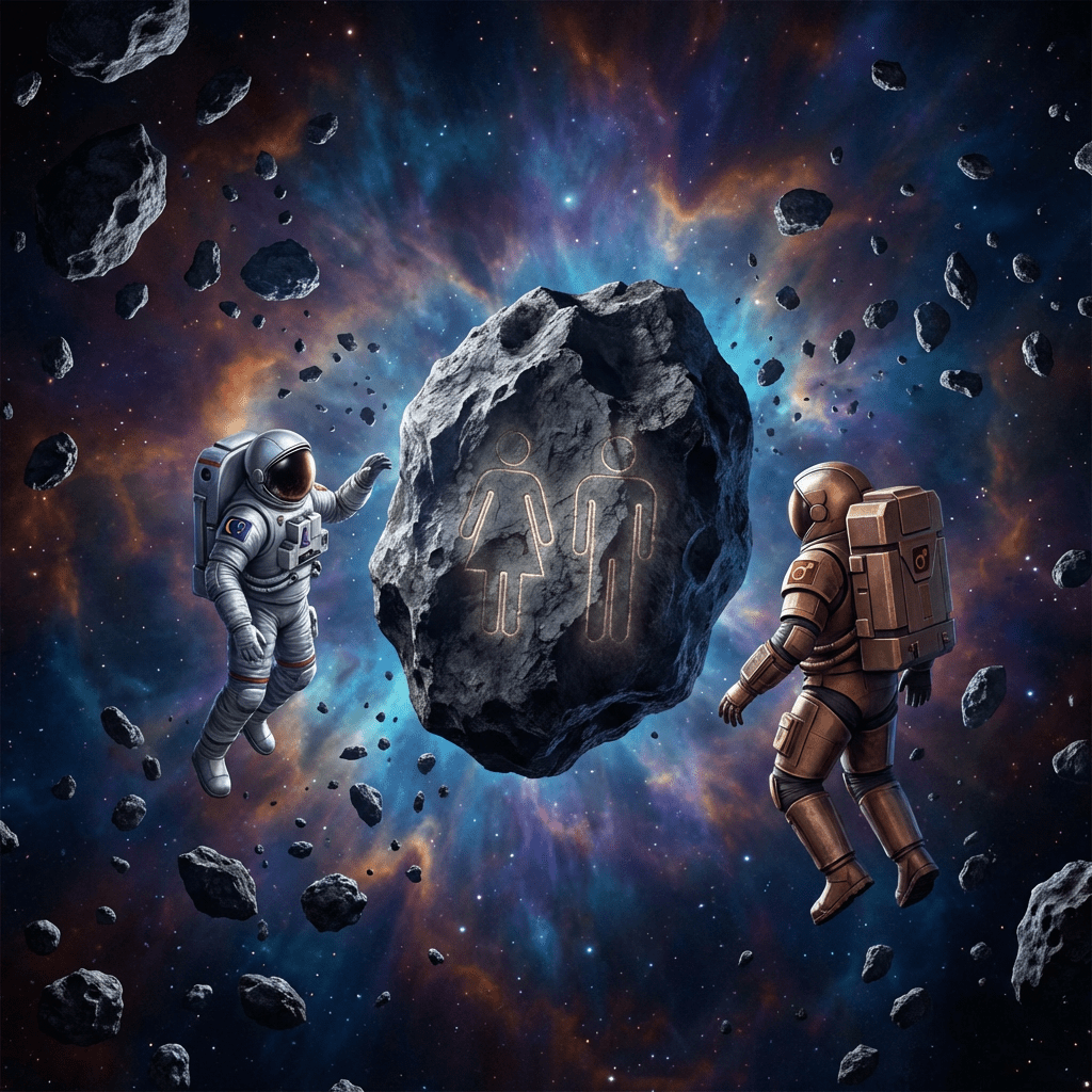 Astronauts floating in deep space near a large asteroid with glowing male and female symbols.