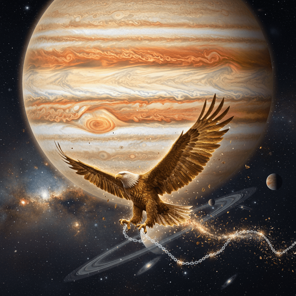 Bald eagle soaring in space with Jupiter and Saturn in the background.