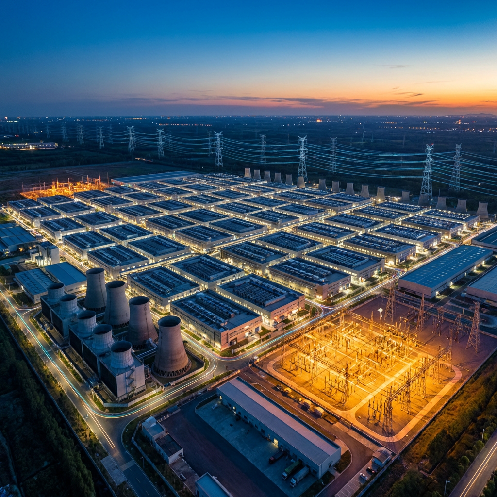 Aerial view of a massive data center and electrical substation glowing at twilight.