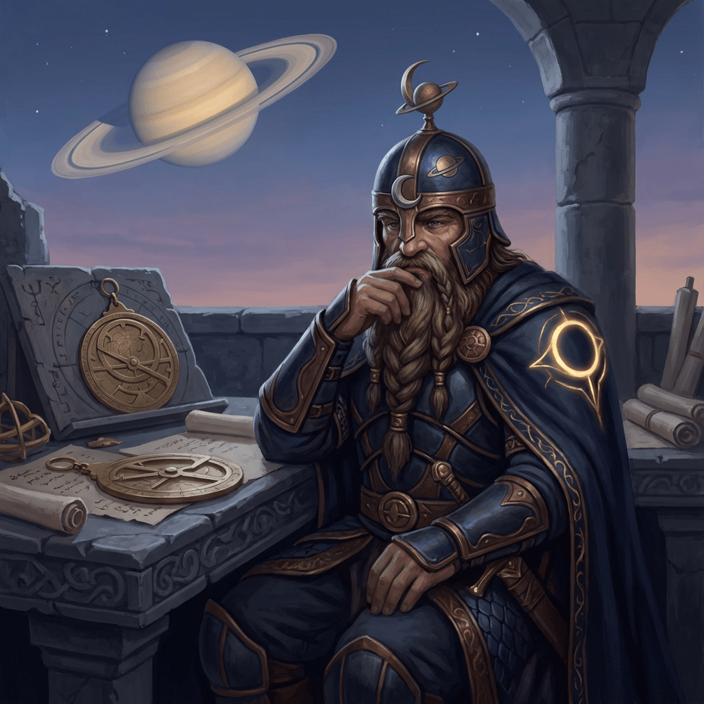 Bearded scholar in ornate armor studying celestial charts beneath a giant ringed planet.