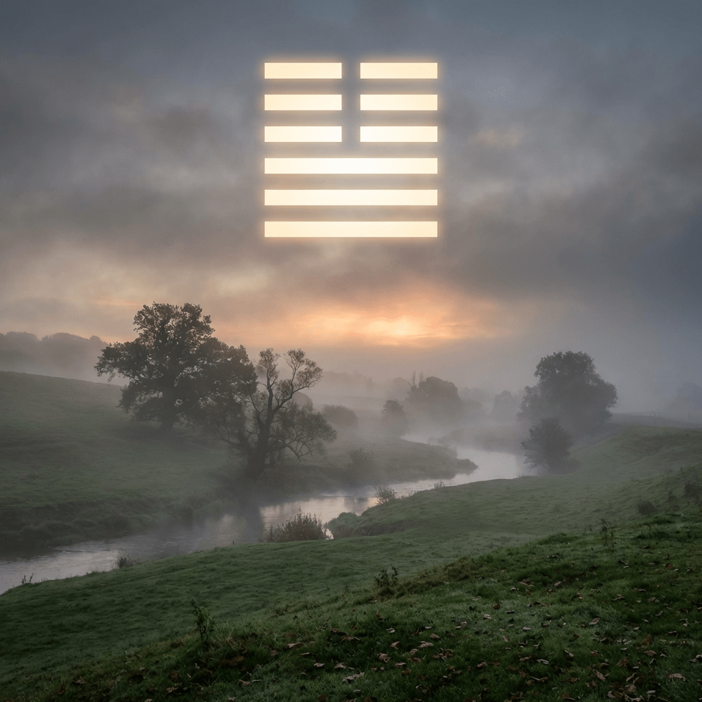 Glowing I Ching hexagram 11 floating over a misty green river valley at sunrise.
