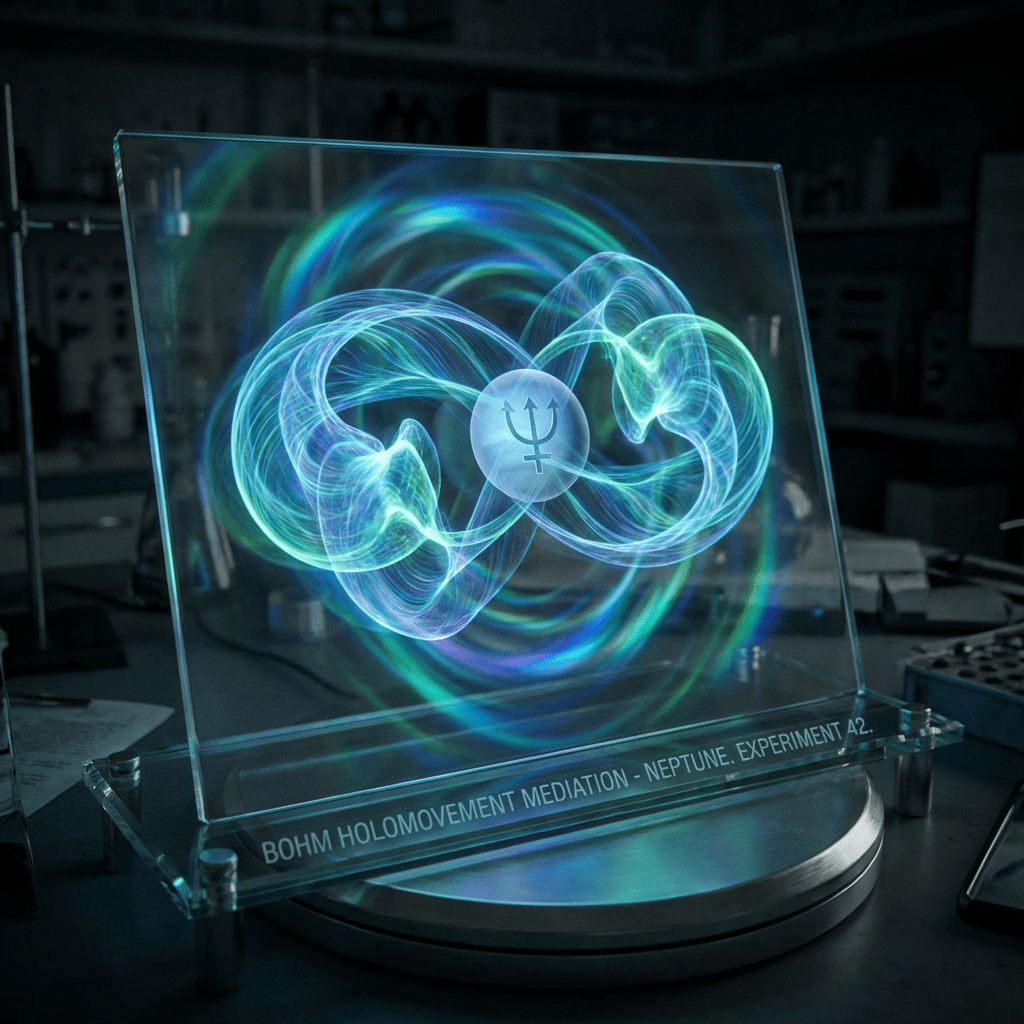 Holographic display on glass with text: BOHM HOLOMOVEMENT MEDIATION - NEPTUNE. EXPERIMENT 42.