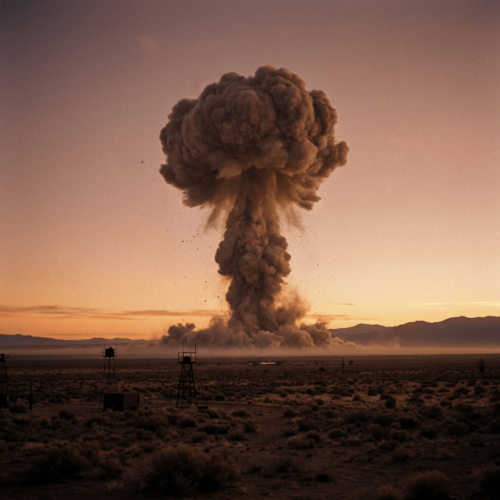 Mushroom cloud from explosion rising over desert terrain with mountains in distance