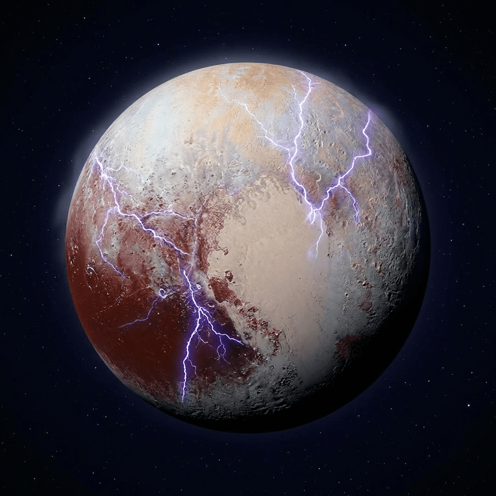 Icy dwarf planet showing lightning bolts on its surface in space
