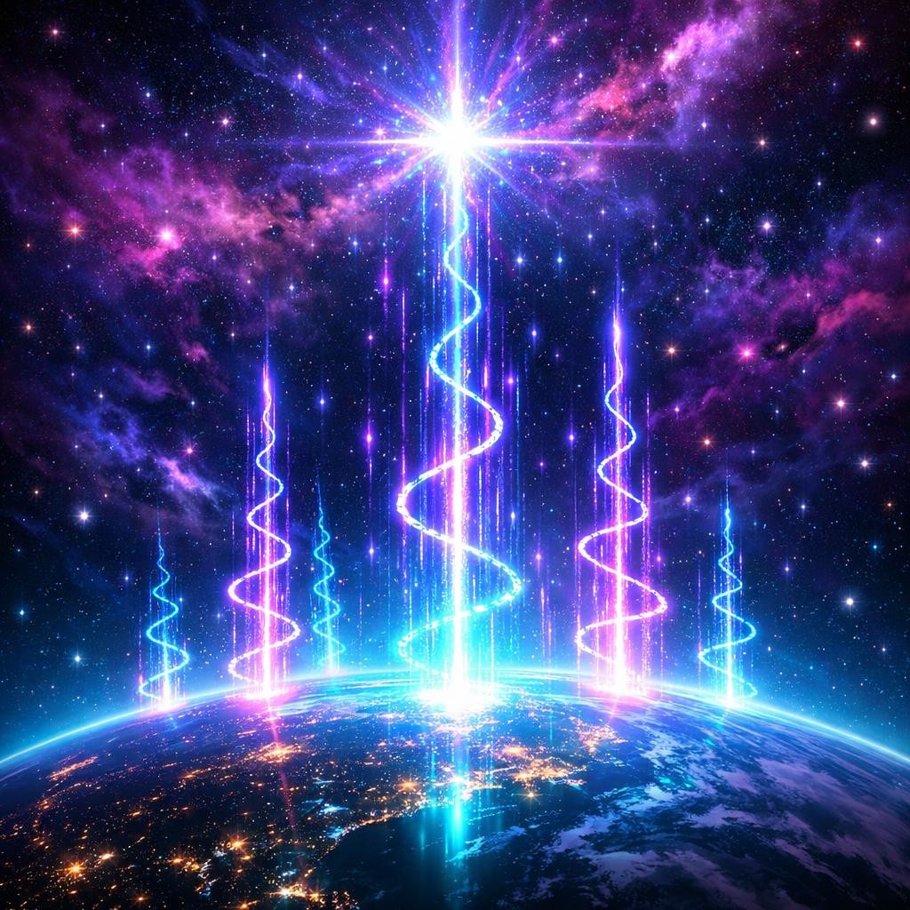 Bright spiraling energy beams rising from Earth's surface into space with colorful stars and nebulae