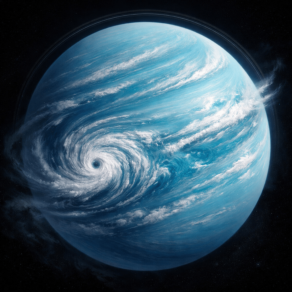 Blue planet with swirling white clouds forming a large storm system