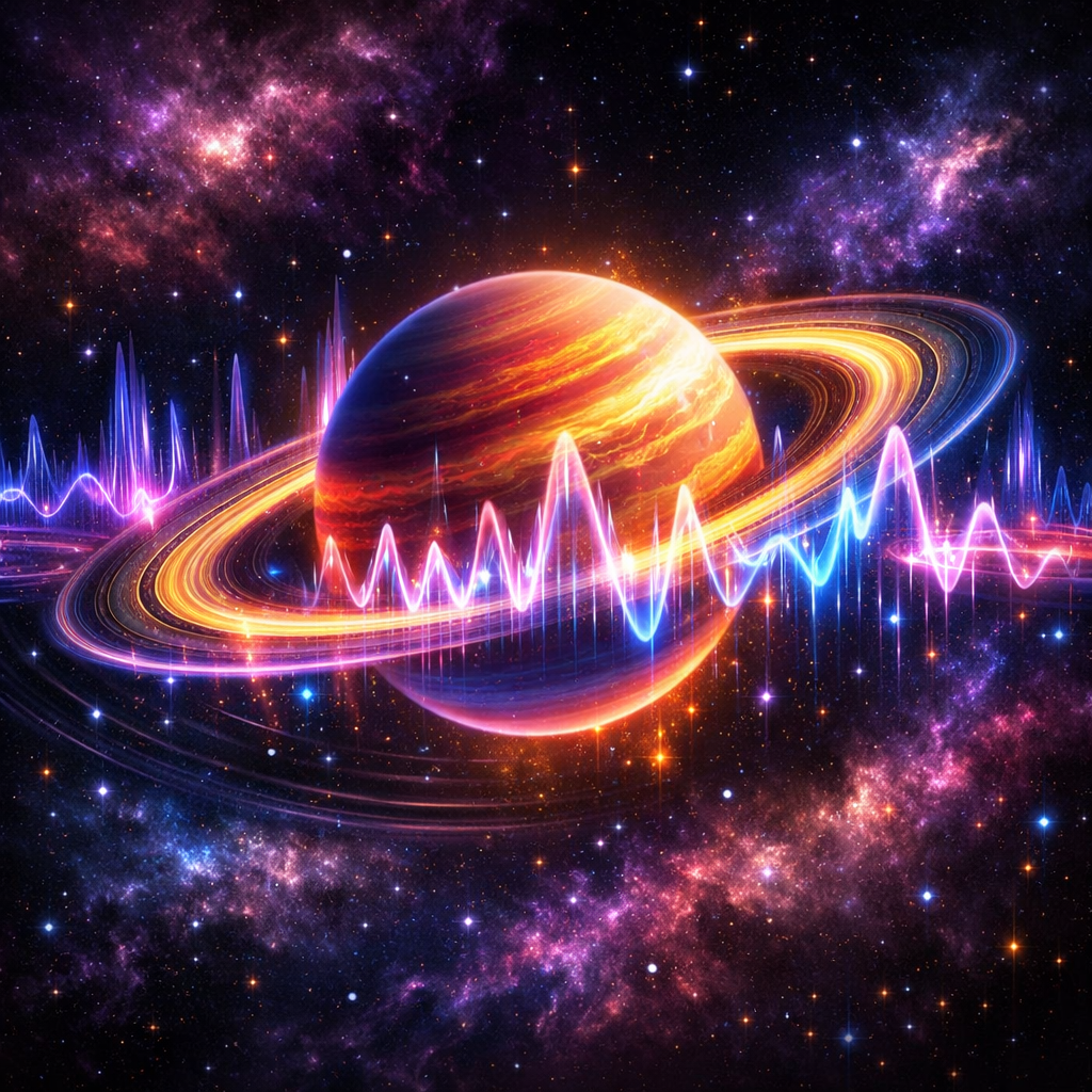 Ringed planet with bright orange and purple colors and neon soundwave visuals in space