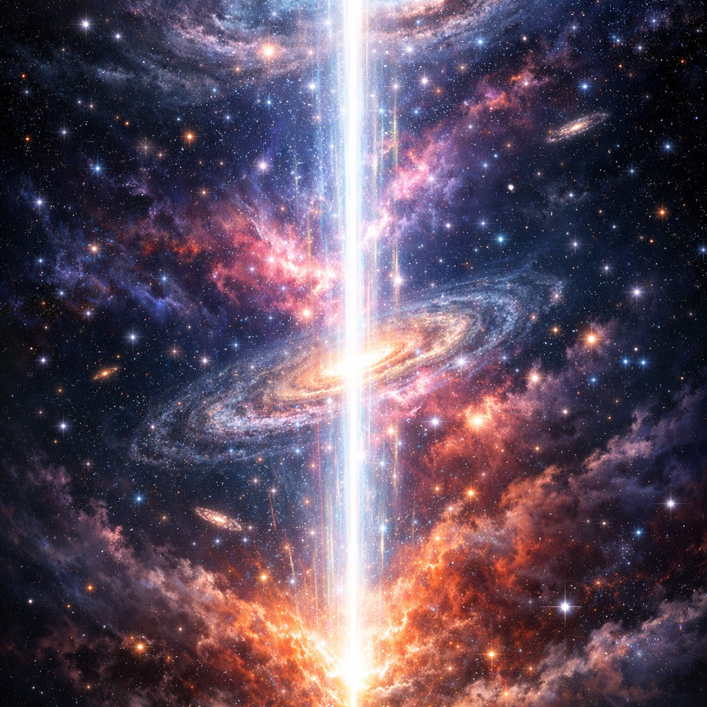 Bright vertical energy beam passing through a spiral galaxy amid colorful cosmic clouds and stars