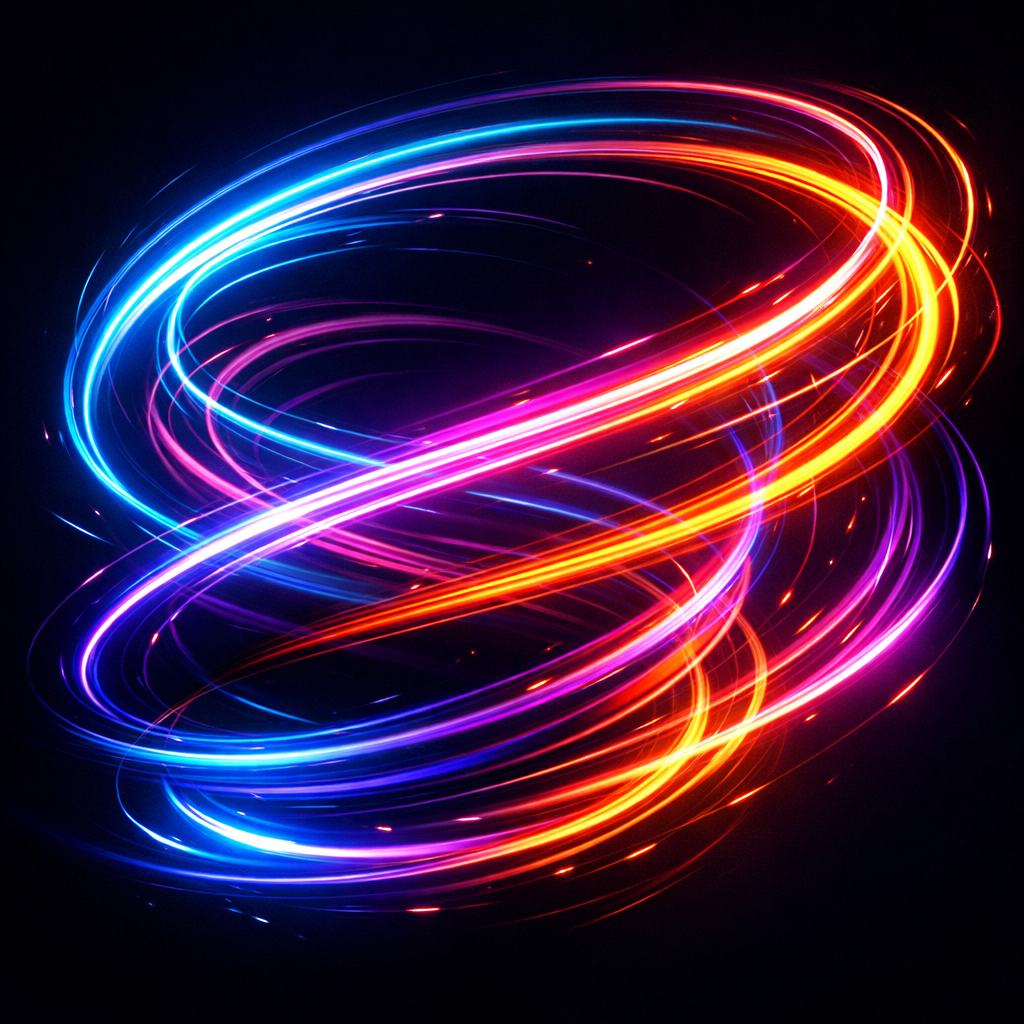Spiral-shaped neon light trails in blue, pink, and orange on black background