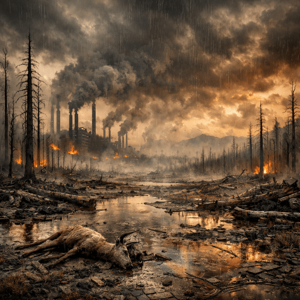 Dead animal on polluted ground with smoke stacks and fires in background