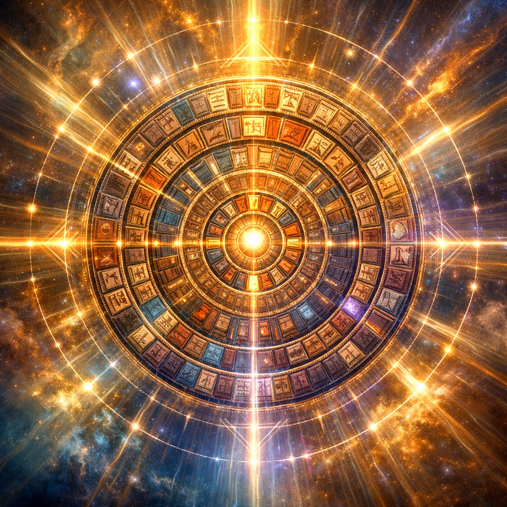 Circular ancient calendar with glyphs illuminated by radiant golden light in space