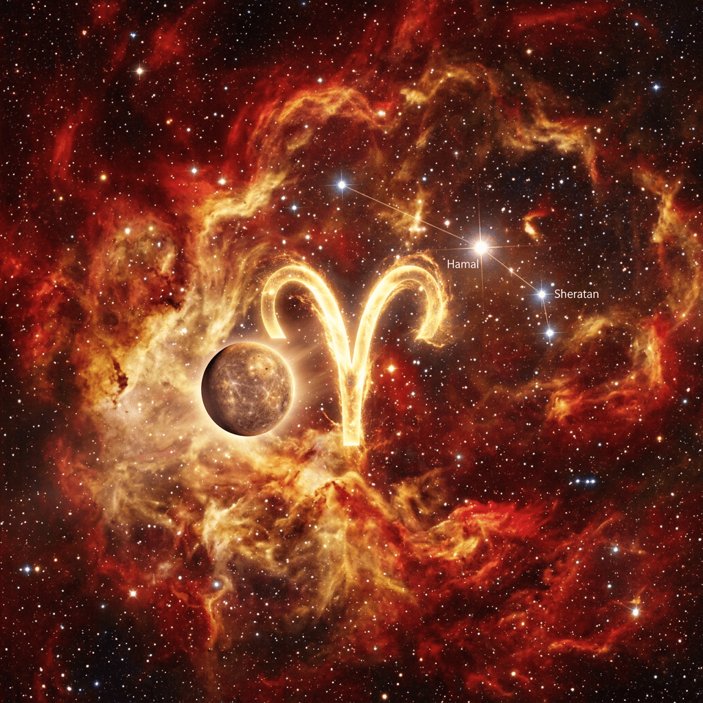 Aries zodiac symbol glowing in red-orange nebula with planet and stars Hamal and Sheratan labeled