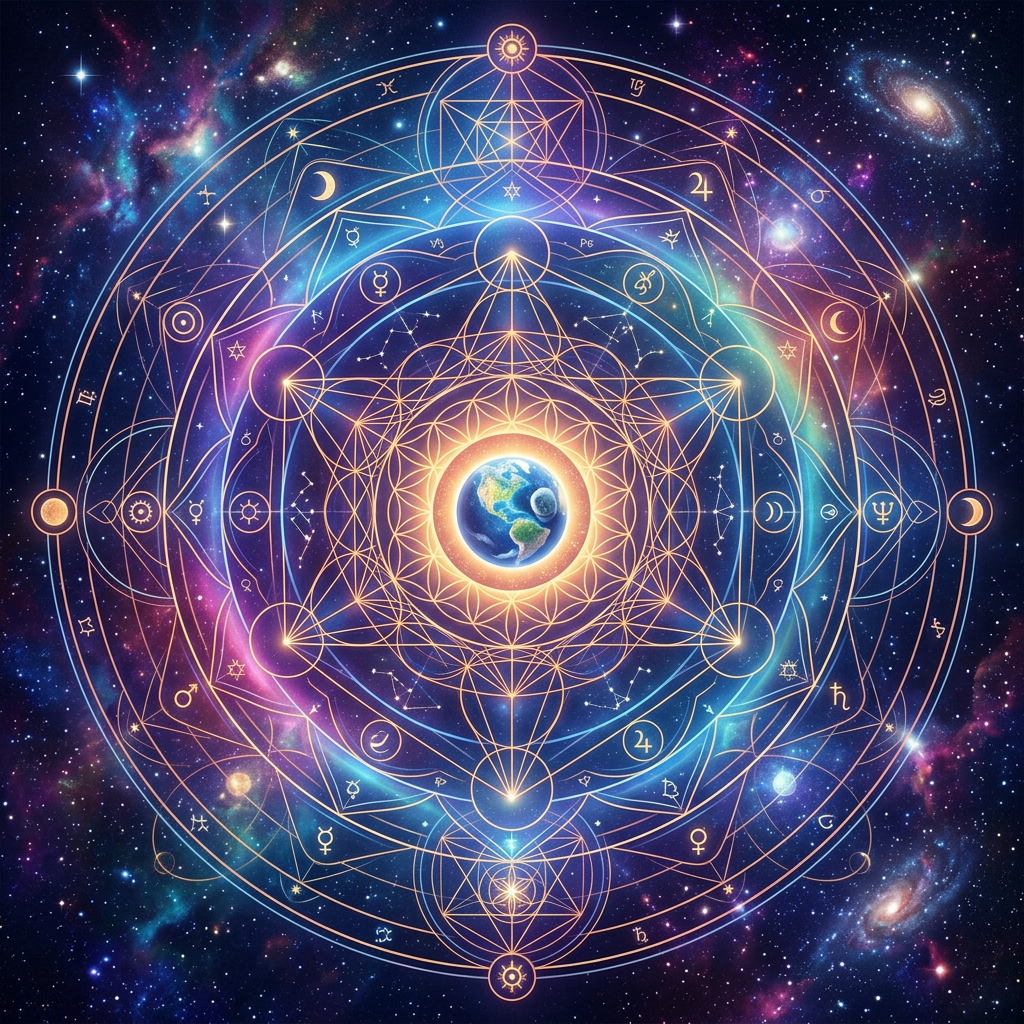 Earth centered in an intricate mandala of astrological symbols and geometric lines in space