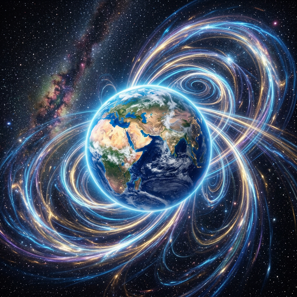 Earth surrounded by colorful swirling magnetic field lines in space