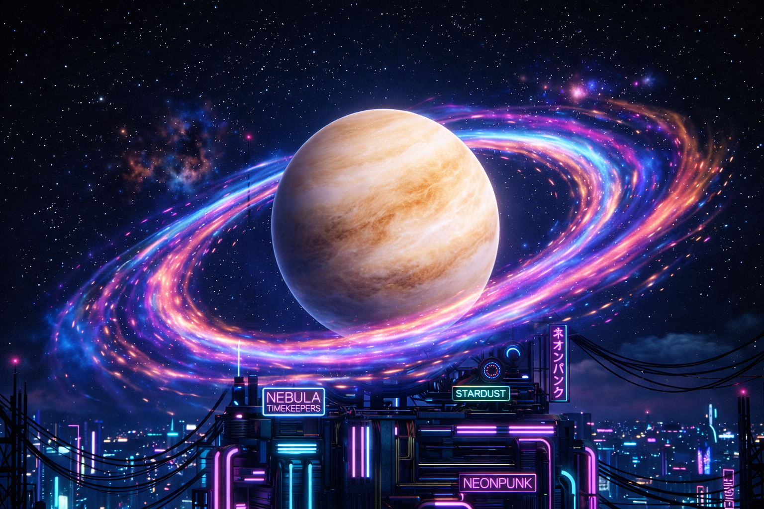 Neon cosmic clock with galaxy center and Roman numerals surrounded by colorful nebula swirl over futuristic city