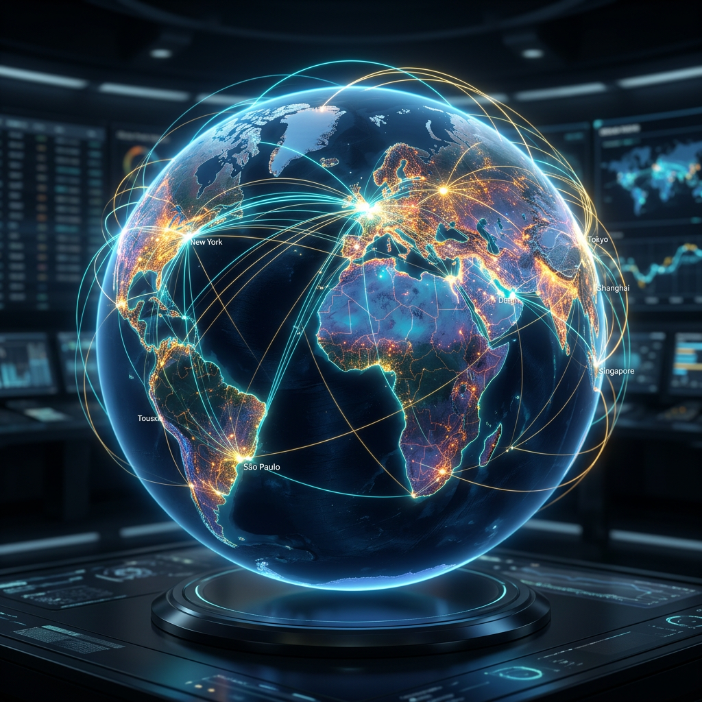 Digital globe showing interconnected global network lines linking major cities worldwide
