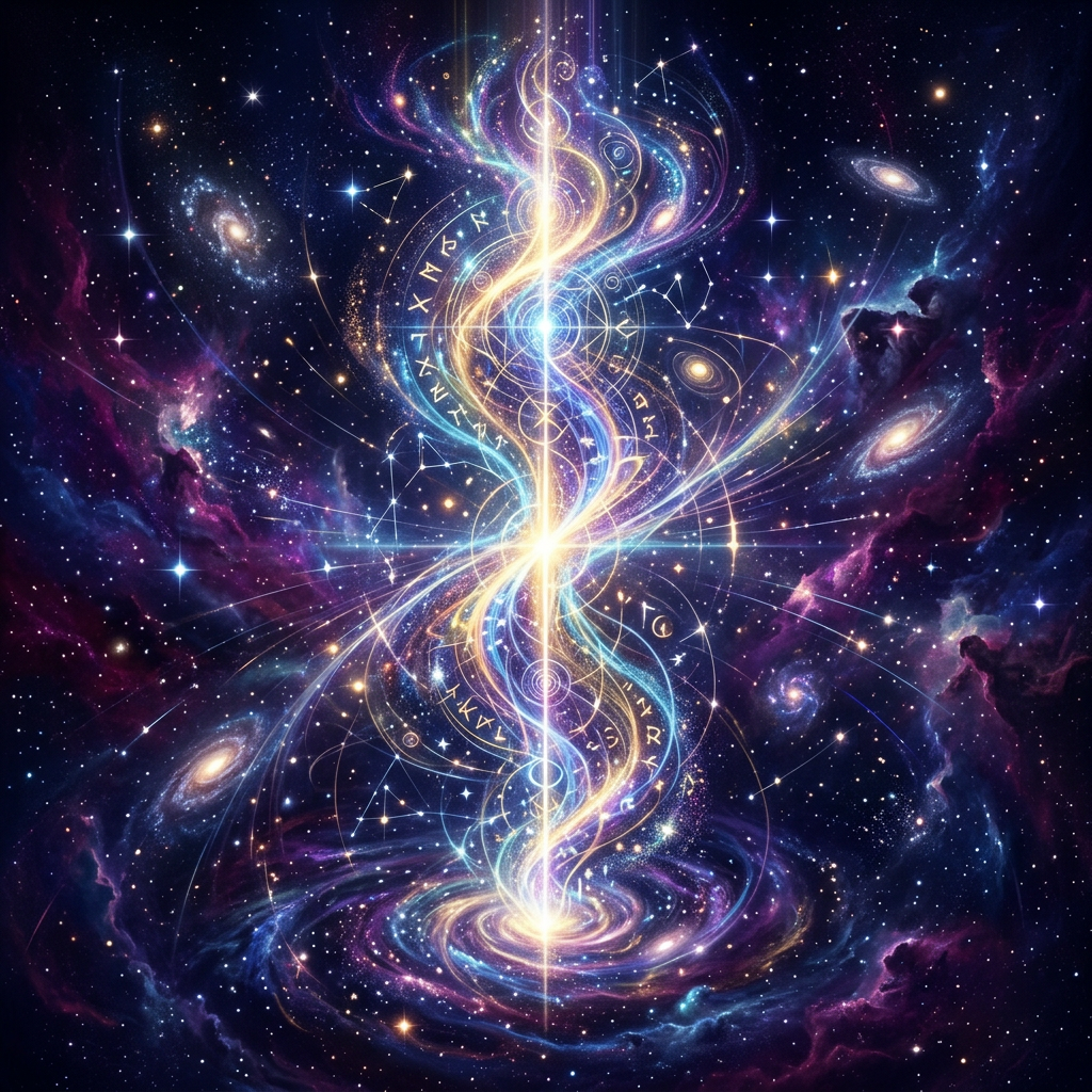 Bright cosmic spiral with glowing mystical symbols and constellations in deep space