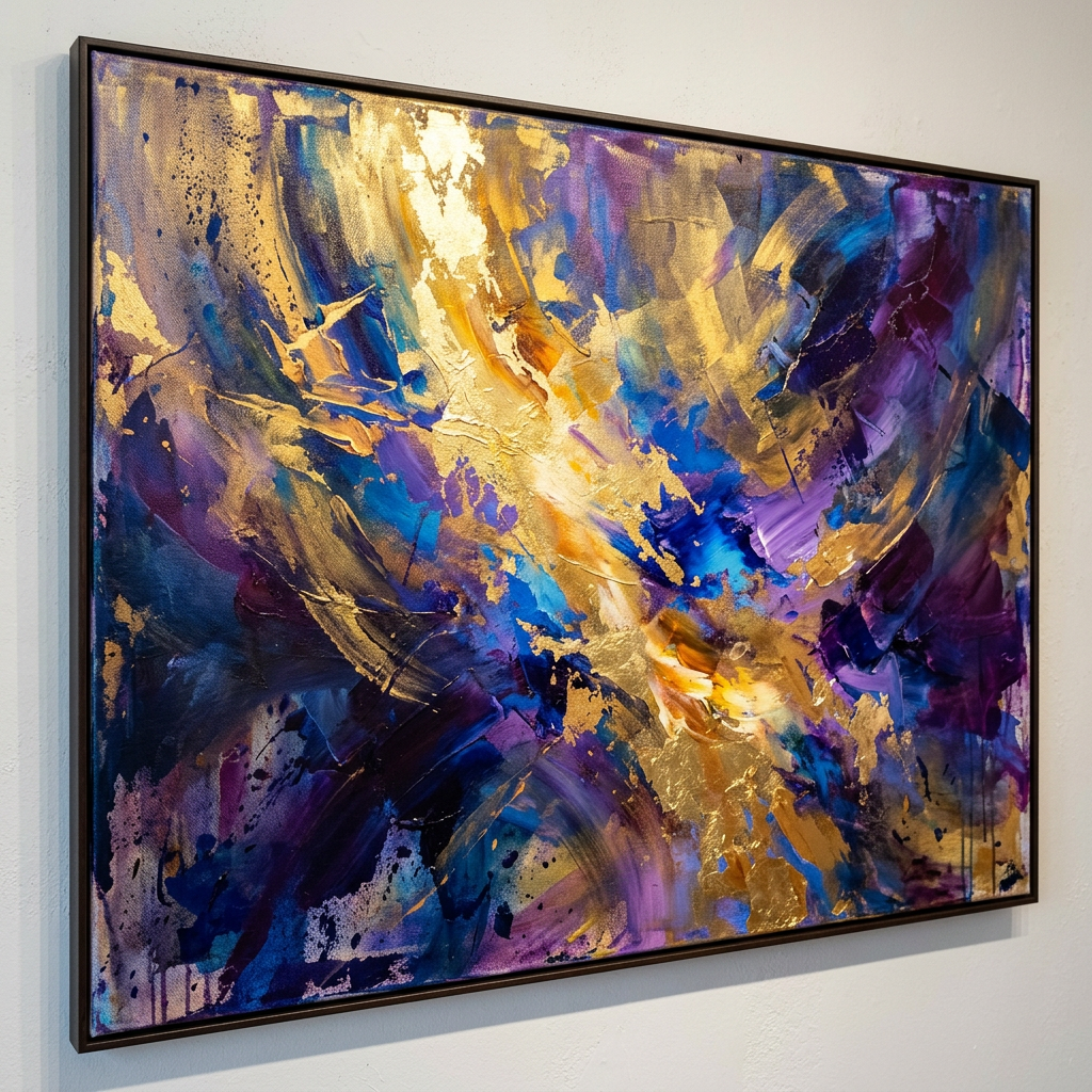 Abstract painting with bold gold, blue, purple, and violet brushstrokes