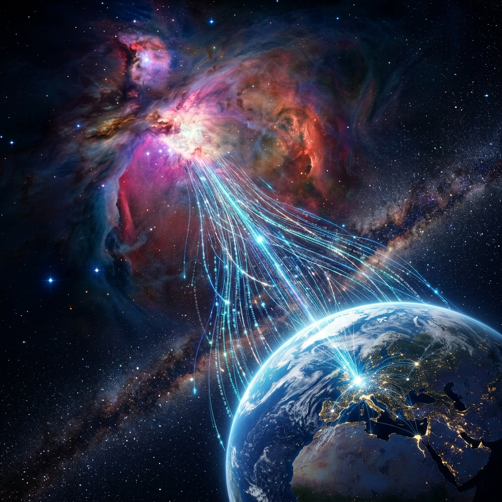 Streams of glowing blue light connecting Earth and a vibrant space nebula