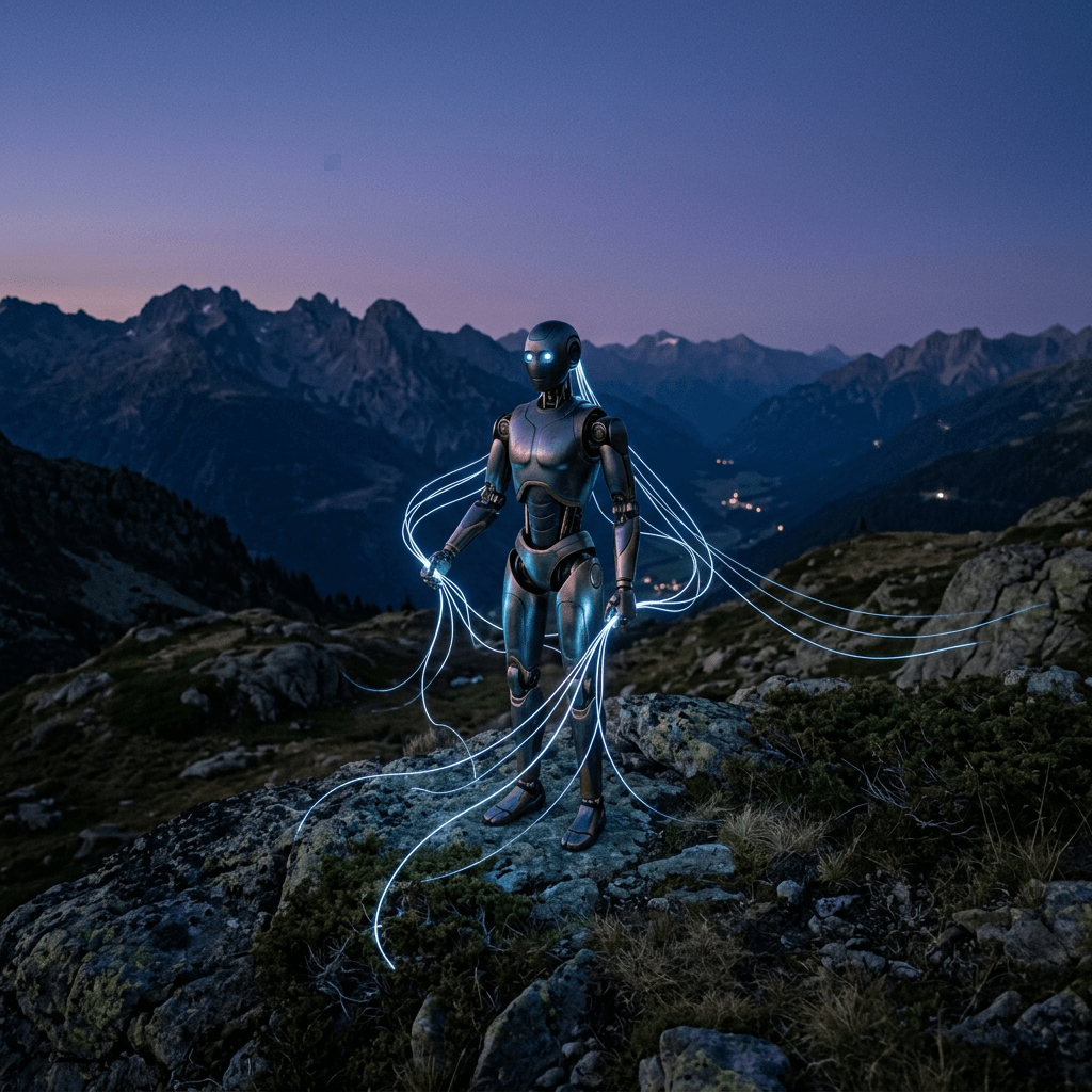 Robot with glowing blue eyes and cables on mountain rocks at twilight