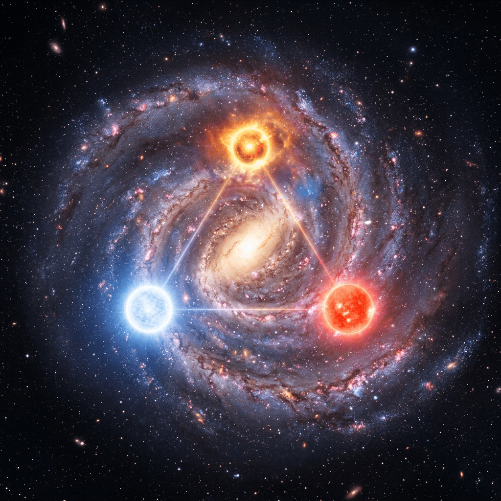 Three vibrant stars linked by lines forming a triangle inside a spiral galaxy