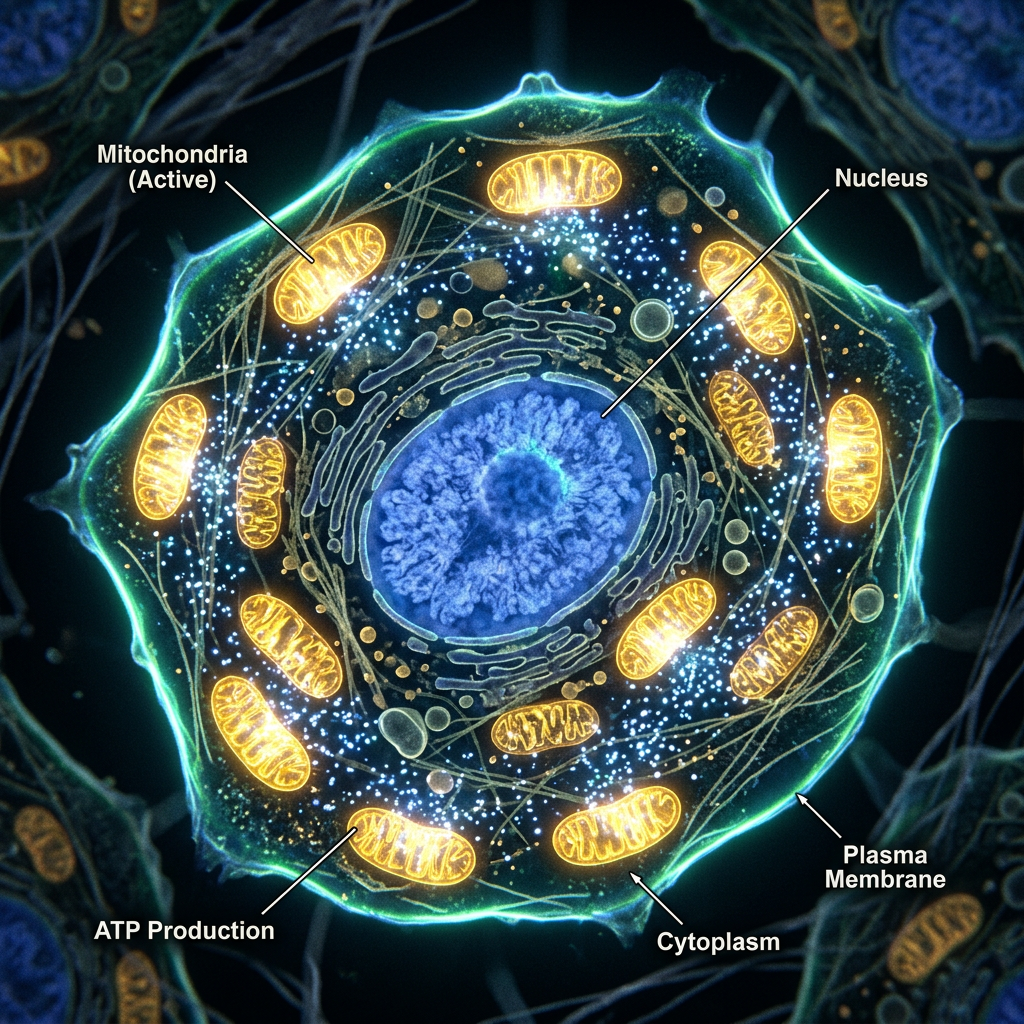 Cross-section of cell showing nucleus, mitochondria labeled as active, ATP production sites, cytoplasm, and plasma membrane