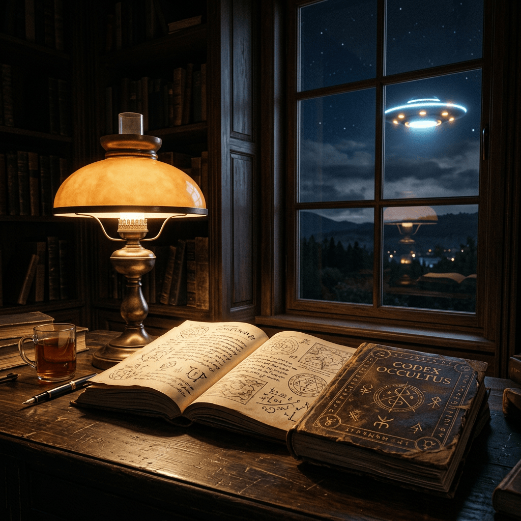 Open occult book and closed Codex Occultus on wooden desk with lamp, tea, and UFO outside window at night