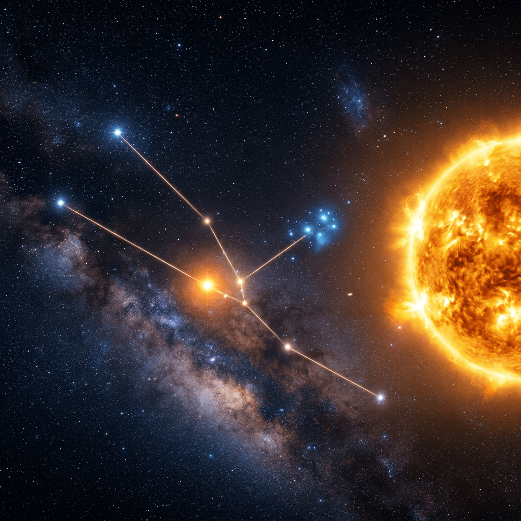 Starry night sky with Milky Way, constellation lines, bright stars, and a glowing Sun.