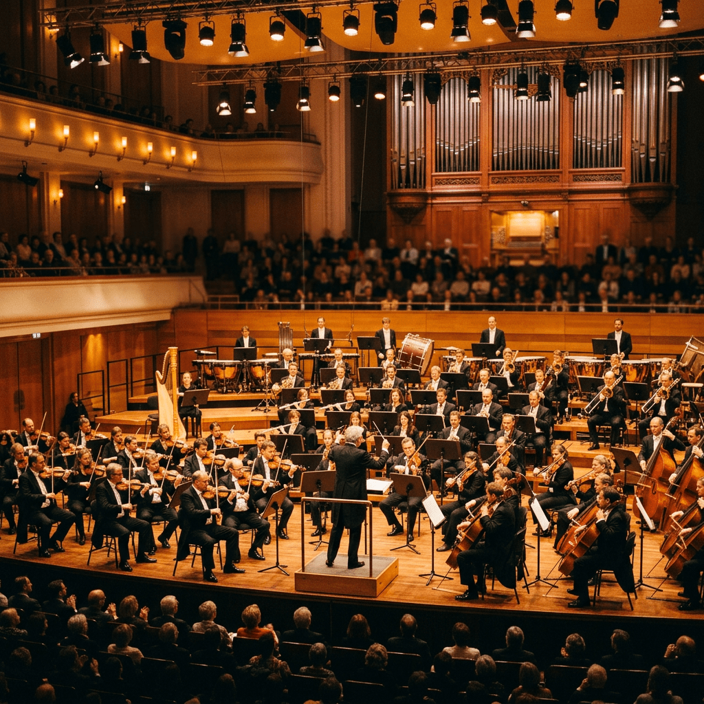 Symphony orchestra on stage with conductor and audience in concert hall