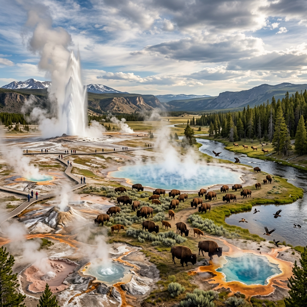 Erupting geyser, steaming hot springs, bison grazing near river in Yellowstone