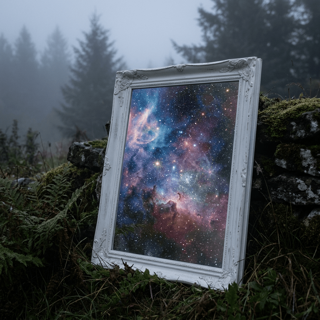 Vintage white decorative frame reflecting a vibrant cosmic nebula with stars and clouds of gas