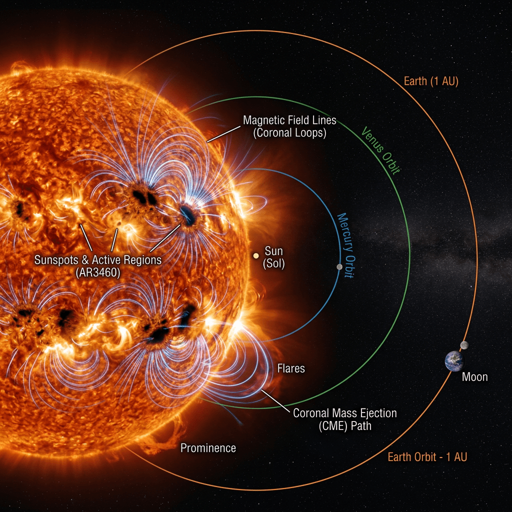 Sun with magnetic field lines, sunspots, flares, and orbits of Mercury, Venus, and Earth
