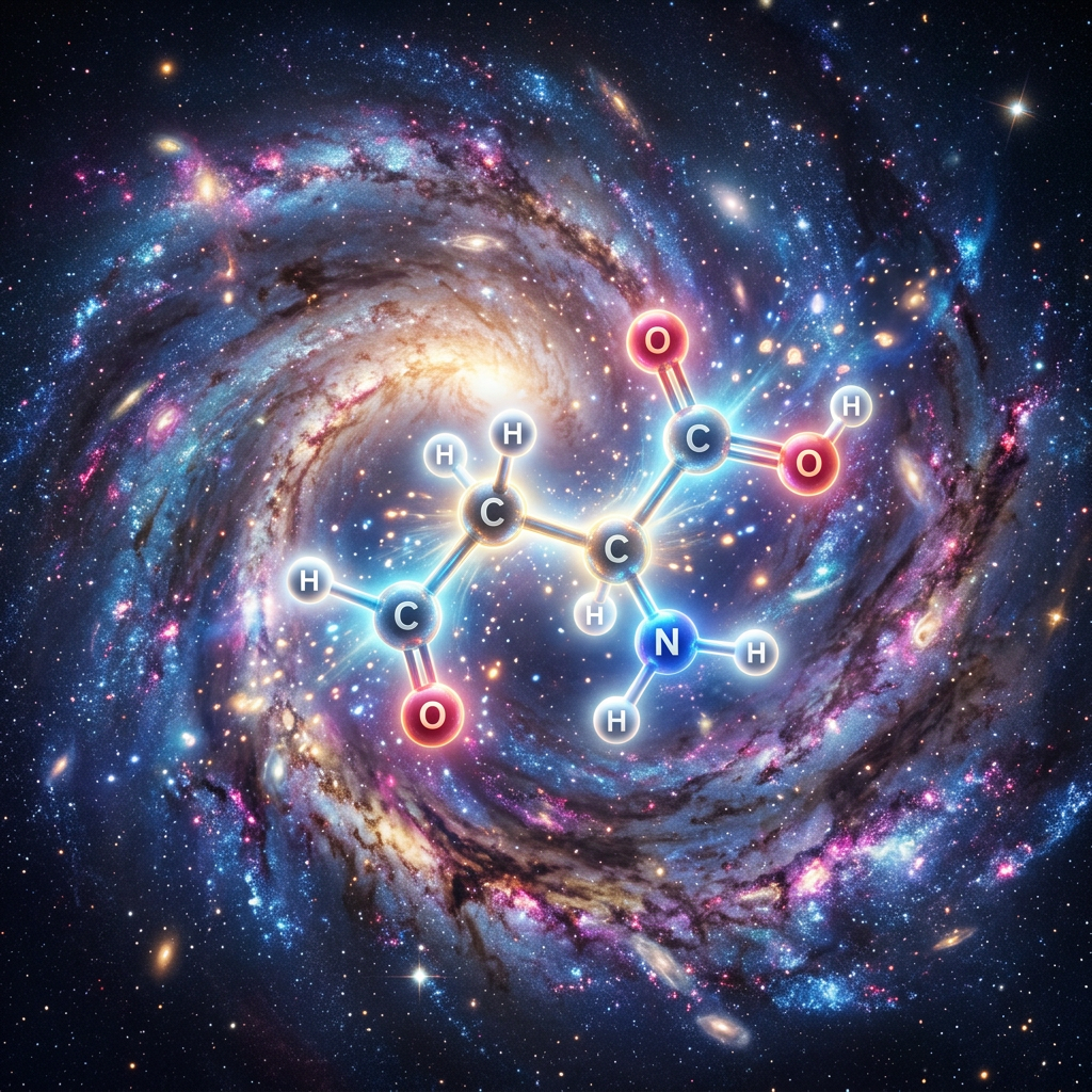 Amino acid molecular structure with carbon, oxygen, hydrogen, and nitrogen atoms overlaid on a colorful spiral galaxy background