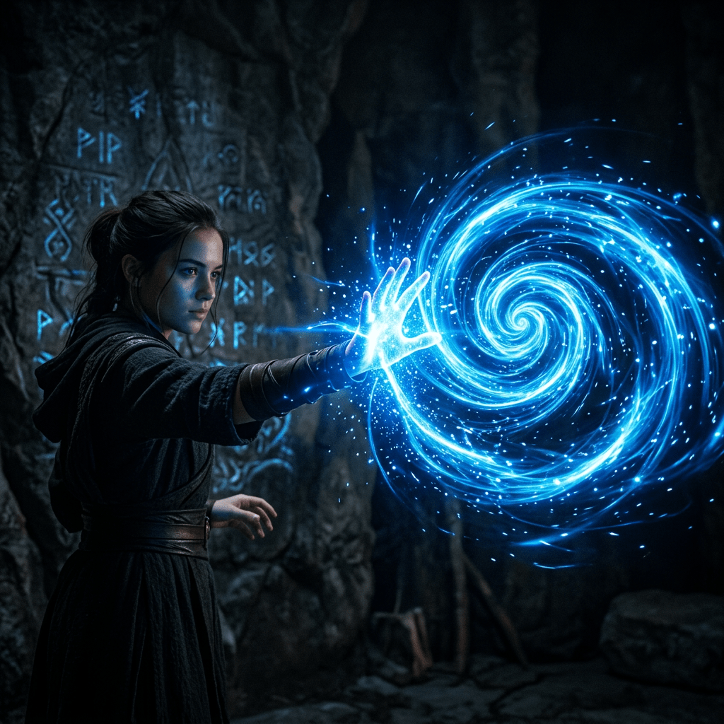 Young mage creating blue magical vortex with hand in stone cave