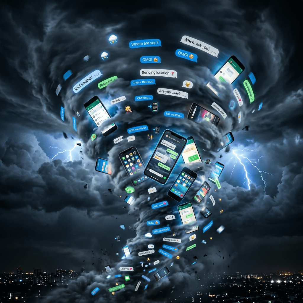 Tornado with smartphones and chat message bubbles swirling inside it over a cityscape at night