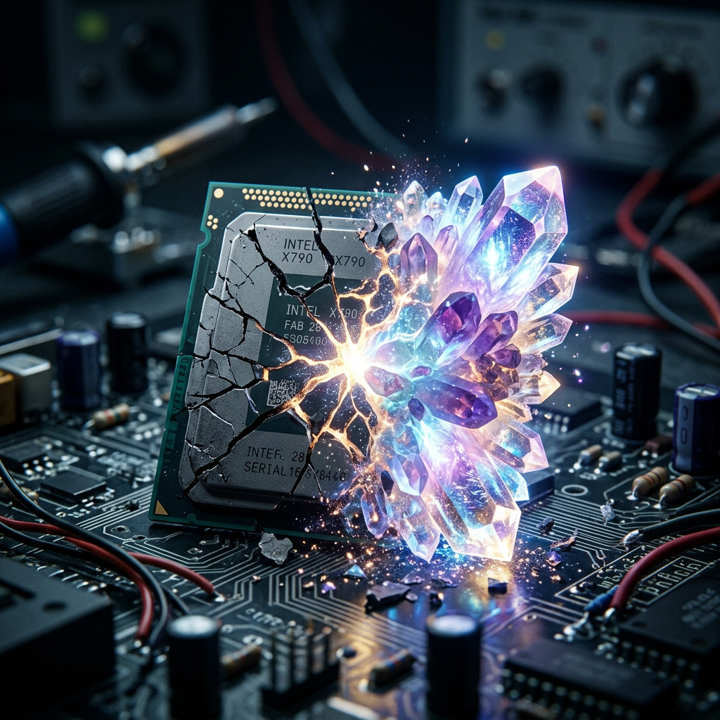 Cracked Intel CPU with vibrant glowing crystals emerging from the break