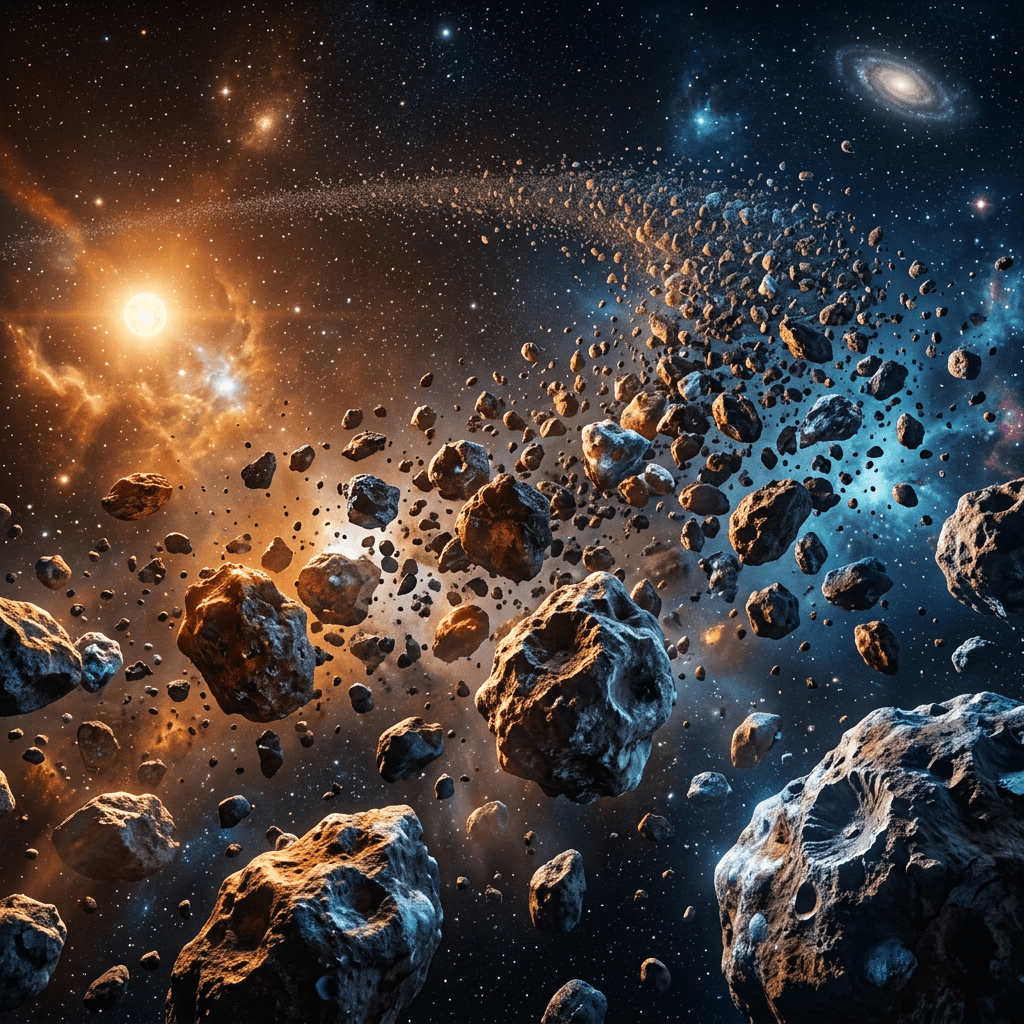 Dense asteroid belt with numerous rocky asteroids in colorful space near stars and galaxies