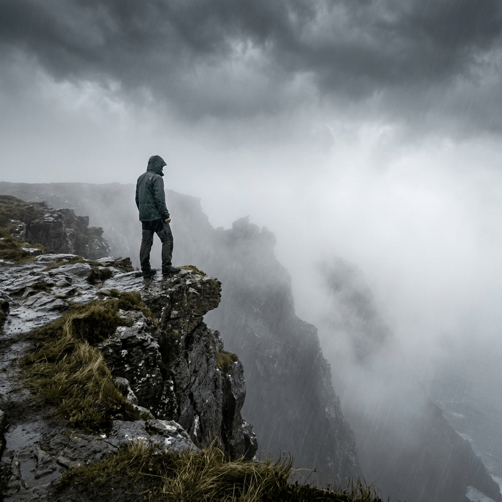 Person wearing rain jacket standing on rocky cliff edge overlooking fog-covered mountains