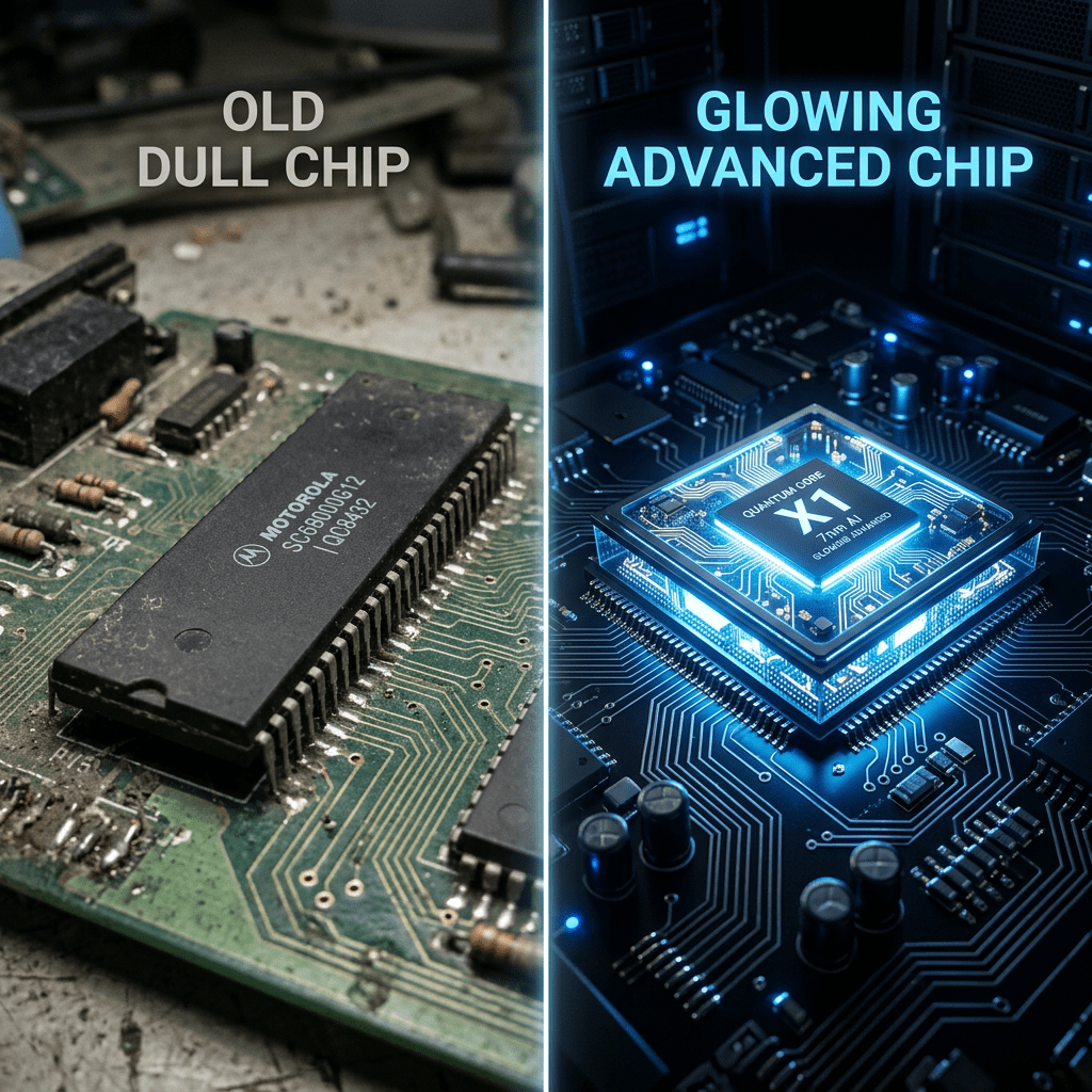 Old dull microchip on dusty circuit board compared to glowing advanced quantum core chip