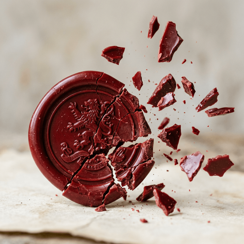 Red wax seal with lion crest breaking into pieces on parchment