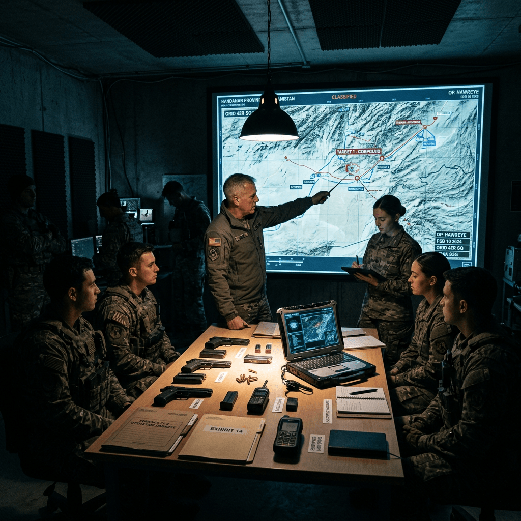 Military personnel in uniform receiving a briefing with a tactical map and weapons on the table