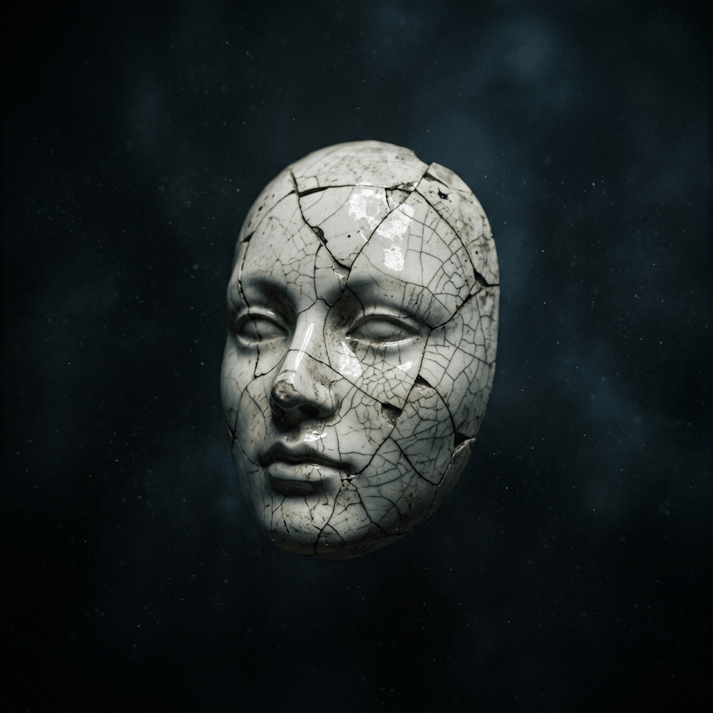 Cracked and aged porcelain face sculpture against dark background