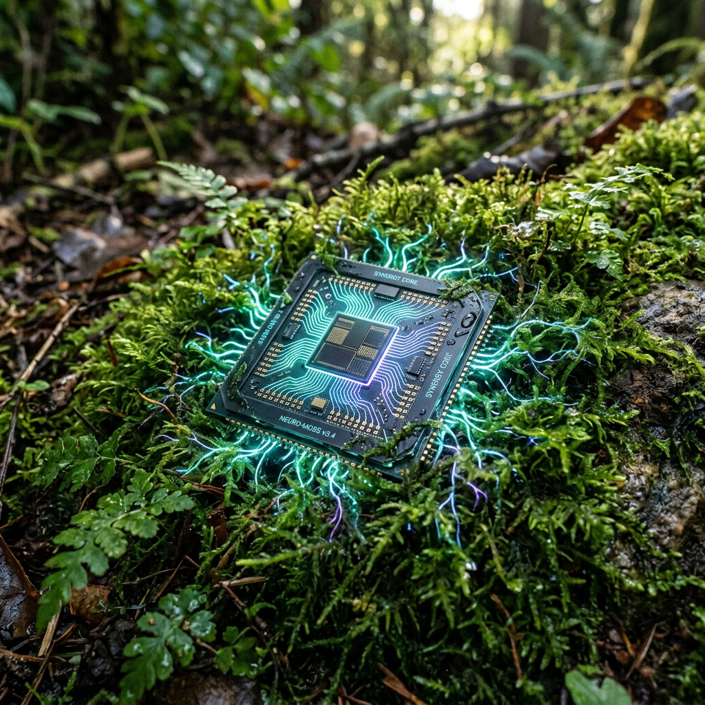 Microchip emitting neon blue light surrounded by moss and forest floor