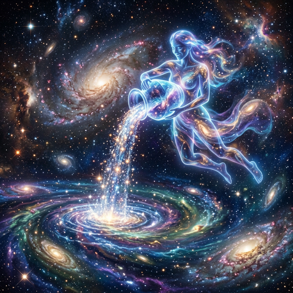 Glowing female figure pouring stardust from a jar into a colorful spiral galaxy