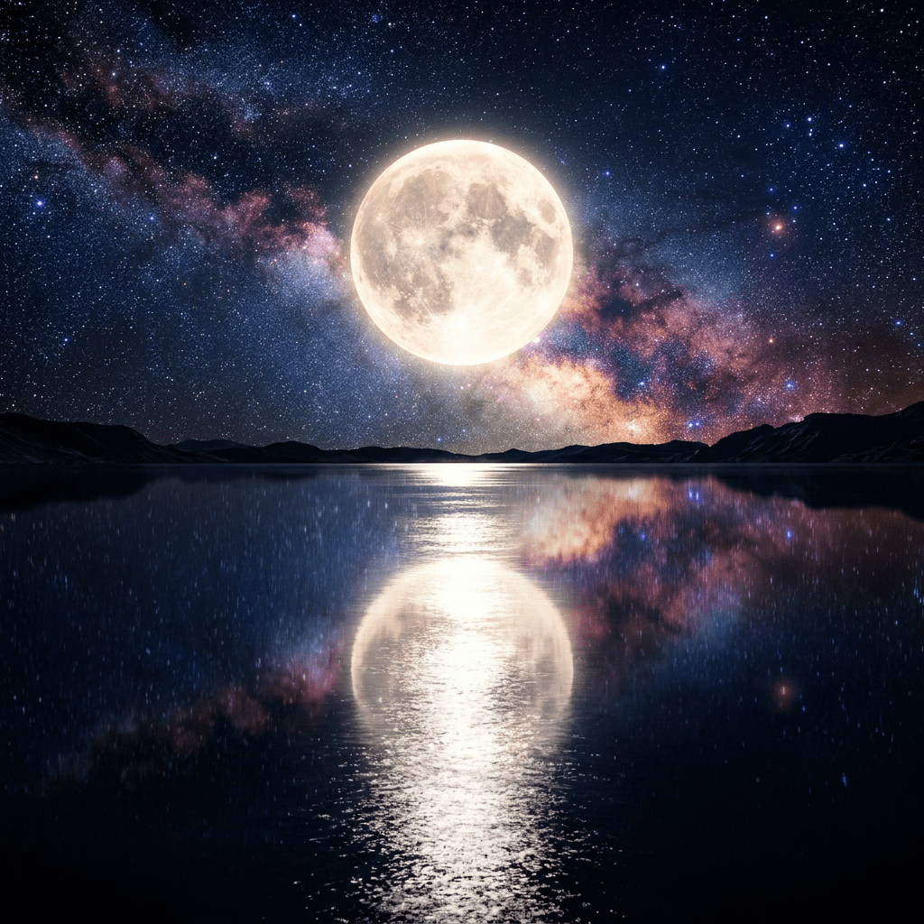 Bright full moon reflecting on a lake with stars and Milky Way