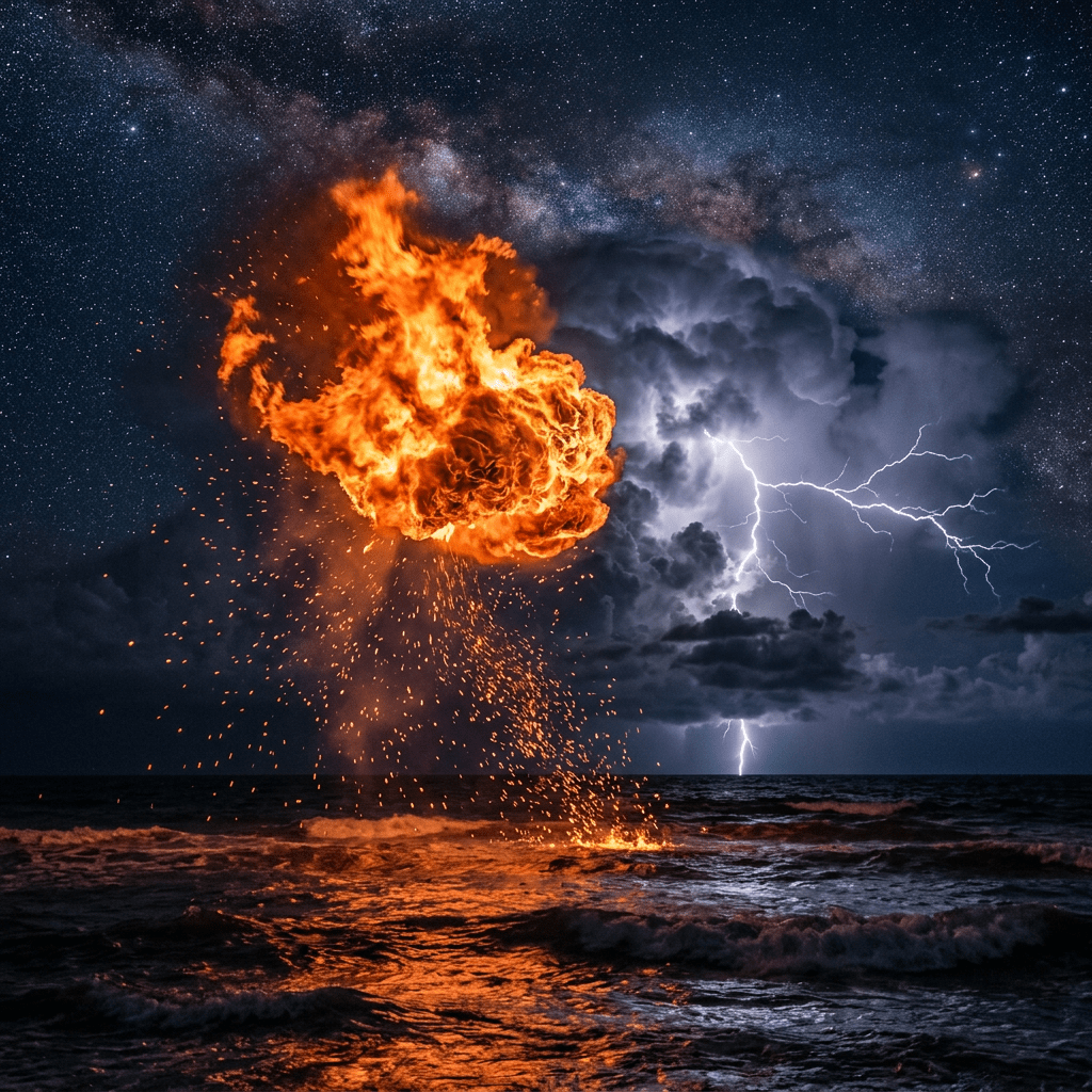 Large fireball above ocean waves with lightning storm and starry night sky