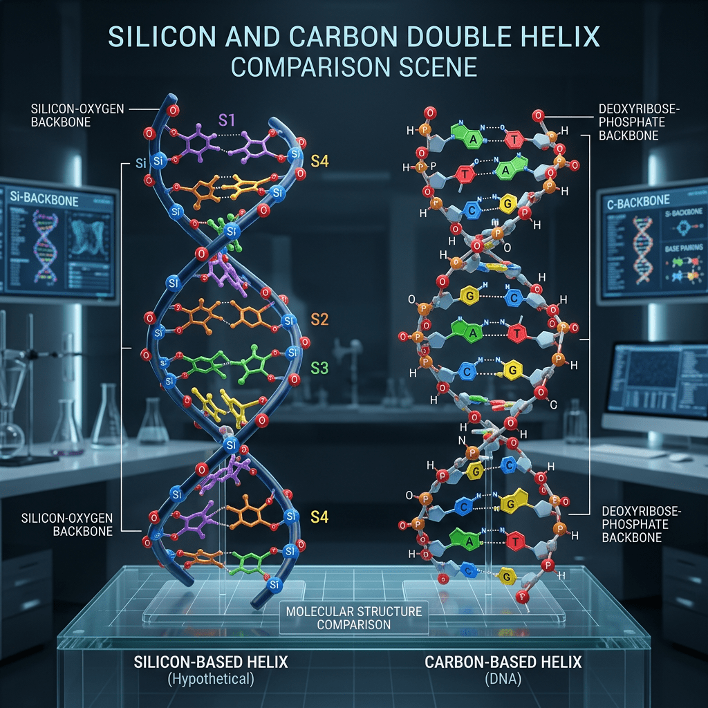 Side-by-side molecular models of silicon-based and carbon-based double helix structures