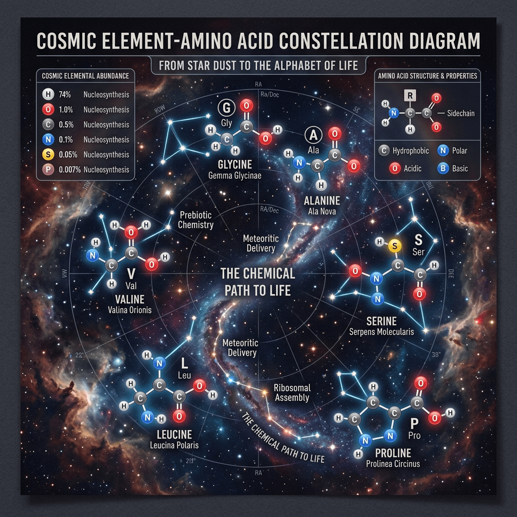 Constellation diagram depicting glycine, alanine, valine, leucine, serine, and proline amino acids and their chemical structures.